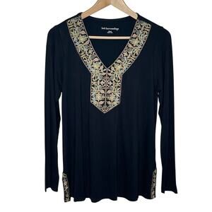 Soft Surroundings Womens Celestia Top XS Black Embroidered V Neck Boho